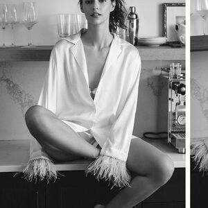 Anthropologie Adele Feather Trim Pajama Blouse and Shorts Set